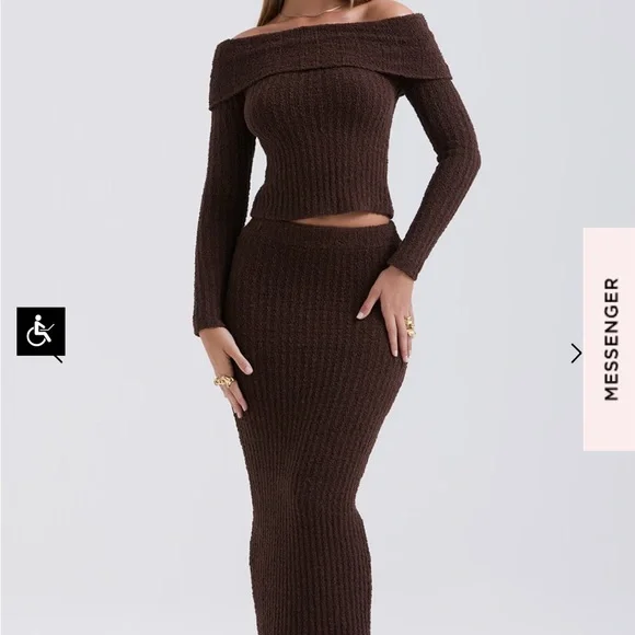 House of CB Brown “Saffron” Off Shoulder Knit Top and “Sloane” Skirt Set Small S - Picture 2 of 12
